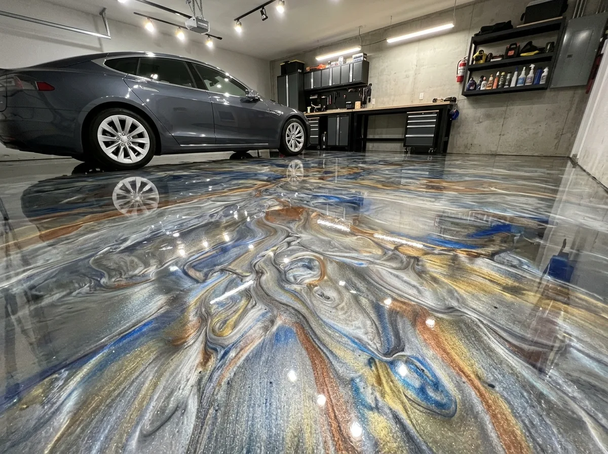 Metallic Epoxy Garage before and after in Newport Beach