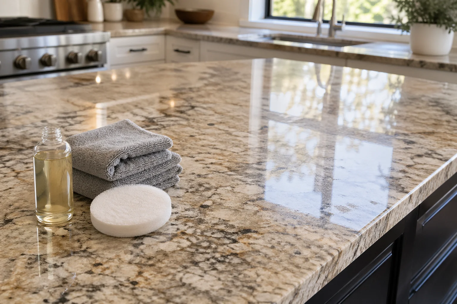 Stone sealer and microfiber towels on polished granite countertop