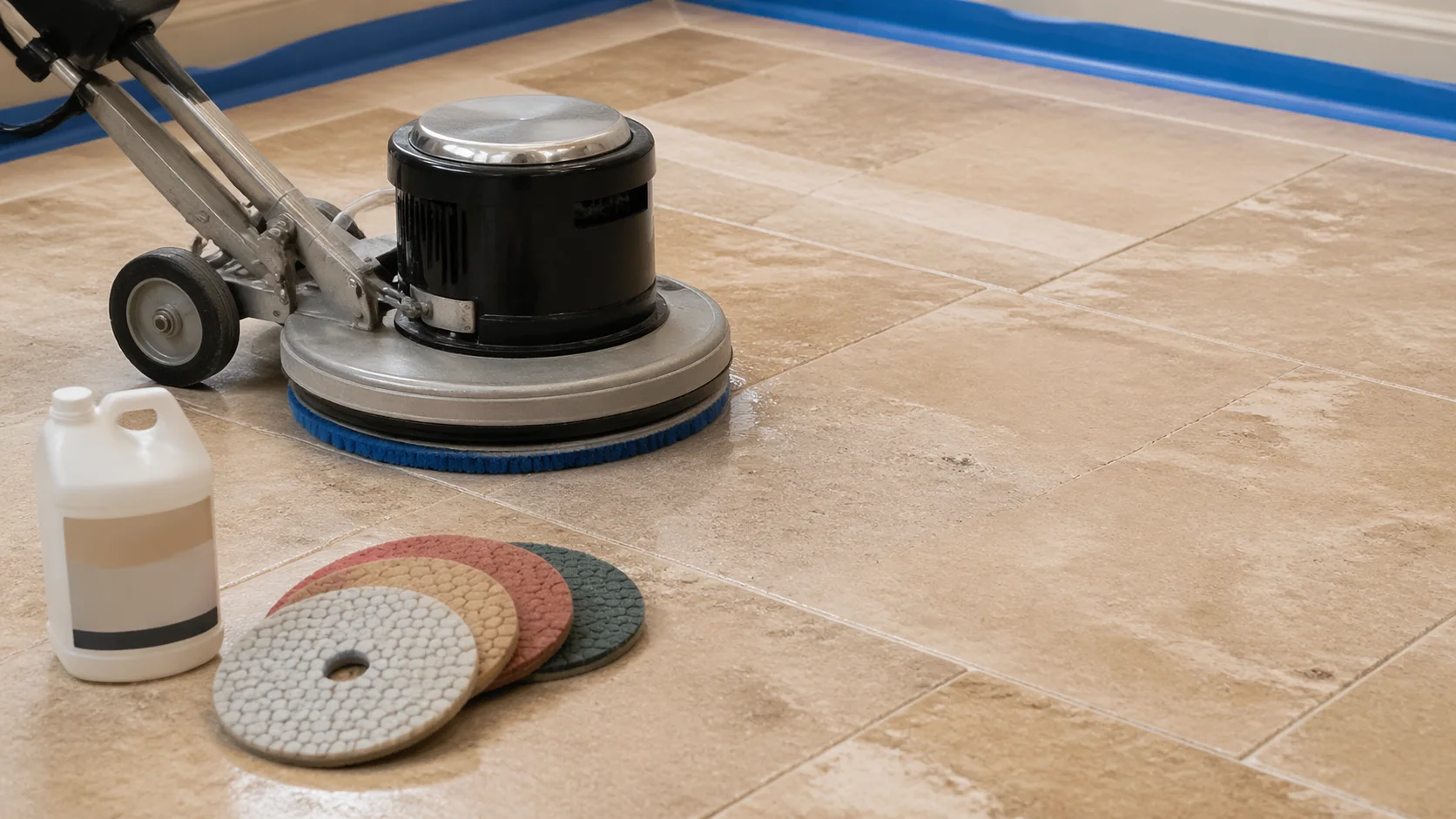 Travertine polishing machine and diamond pads on a residential travertine floor