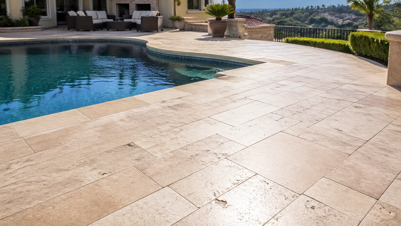 Travertine Pool Area Care before and after in Orange County