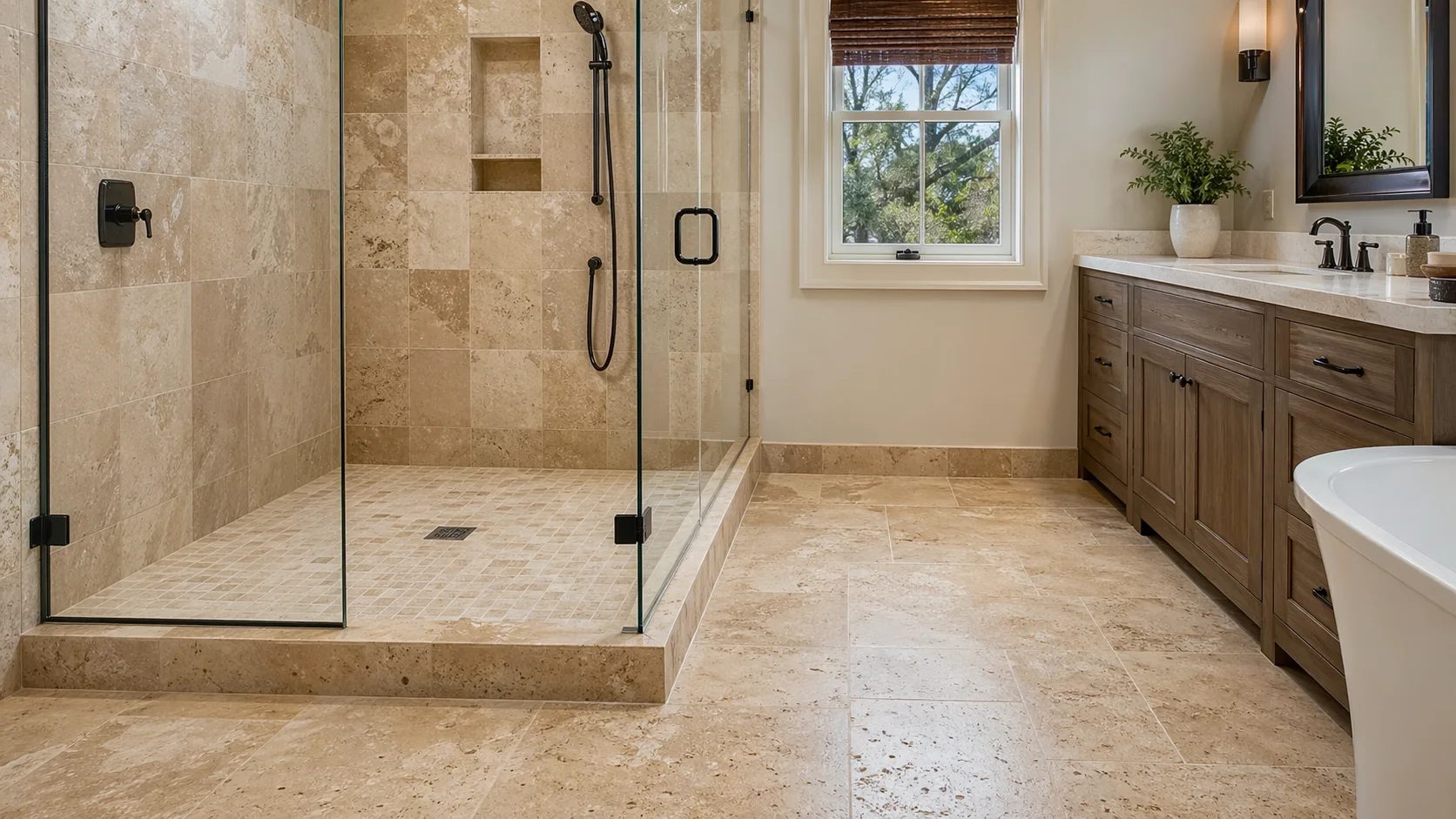 Travertine Shower Restoration before and after in Orange County